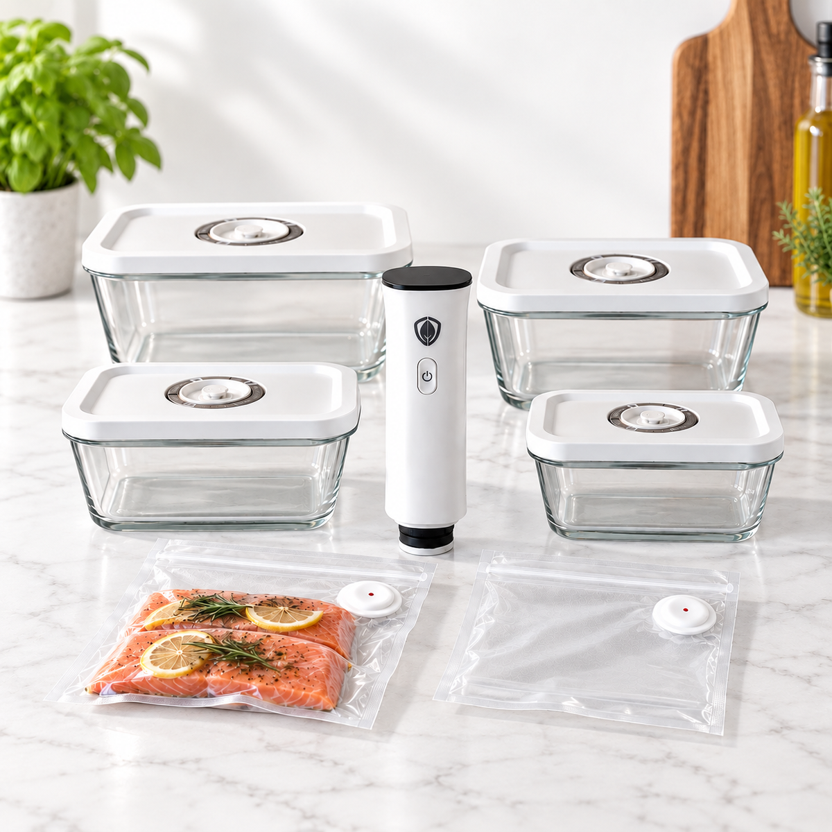 EcoSave Glass vakuumpakke for kjøleskap  og fyser. Lengre holdbarhet